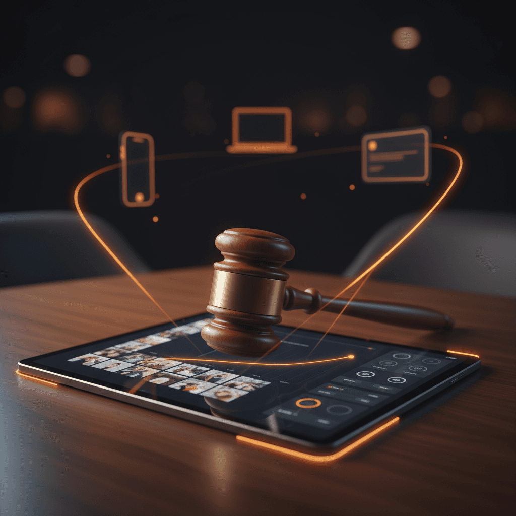 An auctioneer's gavel resting on a tablet displaying the AuctionBlaze dashboard, with glowing connections to a phone, laptop, and bidding-platform card